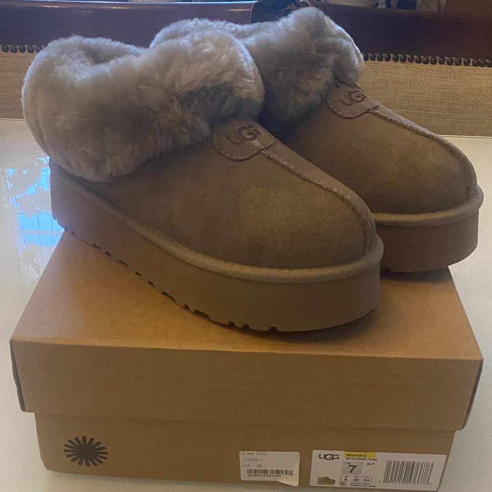 UGG Chestnut Suede Shearling Platform Mule